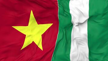 Vietnam and Nigeria Flags Together Seamless Looping Background, Looped Bump Texture Cloth Waving Slow Motion, 3D Rendering video