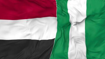 Yemen and Nigeria Flags Together Seamless Looping Background, Looped Bump Texture Cloth Waving Slow Motion, 3D Rendering video