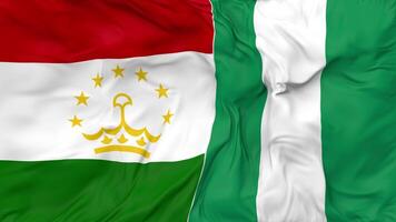 Tayikistán y Nigeria banderas juntos sin costura bucle fondo, serpenteado bache textura paño ondulación lento movimiento, 3d representación video