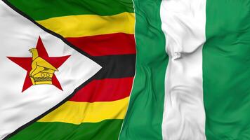 Zimbabwe and Nigeria Flags Together Seamless Looping Background, Looped Bump Texture Cloth Waving Slow Motion, 3D Rendering video