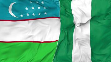 Uzbekistan and Nigeria Flags Together Seamless Looping Background, Looped Bump Texture Cloth Waving Slow Motion, 3D Rendering video