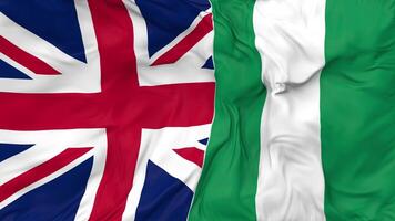 United Kingdom and Nigeria Flags Together Seamless Looping Background, Looped Bump Texture Cloth Waving Slow Motion, 3D Rendering video
