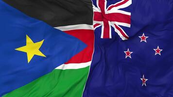 New Zealand and South Sudan Flags Together Seamless Looping Background, Looped Bump Texture Cloth Waving Slow Motion, 3D Rendering video