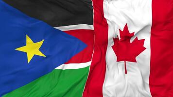 Canadá y sur Sudán banderas juntos sin costura bucle fondo, serpenteado bache textura paño ondulación lento movimiento, 3d representación video
