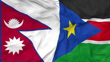 Népal et Sud Soudan drapeaux ensemble sans couture boucle arrière-plan, en boucle bosse texture tissu agitant lent mouvement, 3d le rendu video
