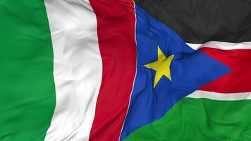 Itália e sul Sudão bandeiras juntos desatado looping fundo, em loop colisão textura pano acenando lento movimento, 3d Renderização video
