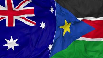 Australia and South Sudan Flags Together Seamless Looping Background, Looped Bump Texture Cloth Waving Slow Motion, 3D Rendering video