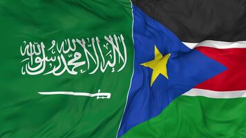 KSA, Kingdom of Saudi Arabia and South Sudan Flags Together Seamless Looping Background, Looped Bump Texture Cloth Waving Slow Motion, 3D Rendering video
