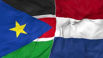 Olanda e Sud Sudan bandiere insieme senza soluzione di continuità looping sfondo, loop urto struttura stoffa agitando lento movimento, 3d interpretazione video