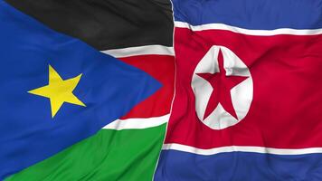 North Korea and South Sudan Flags Together Seamless Looping Background, Looped Bump Texture Cloth Waving Slow Motion, 3D Rendering video