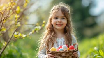 AI generated A beautiful happy girl stands on a green lawn and holds a basket with colorful Easter eggs in her hands photo