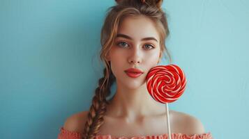 AI generated A beautiful girl stands looking at the camera and holds a large lollipop in the shape of a red heart in her hand photo