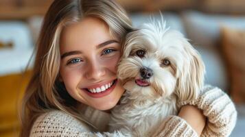 ai generado un hermosa niña sonriente sostiene un hermosa blanco maltés perro en su brazos foto