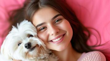 ai generado un hermosa niña sonriente sostiene un hermosa blanco maltés perro en su brazos foto