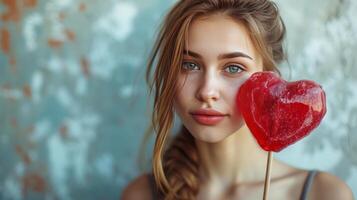 AI generated A beautiful girl stands looking at the camera and holds a large lollipop in the shape of a red heart in her hand photo