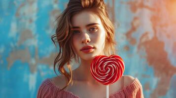 AI generated A beautiful girl stands looking at the camera and holds a large lollipop in the shape of a red heart in her hand photo