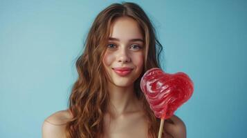 AI generated A beautiful girl stands looking at the camera and holds a large lollipop in the shape of a red heart in her hand photo