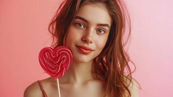 AI generated A beautiful girl stands looking at the camera and holds a large lollipop in the shape of a red heart in her hand photo