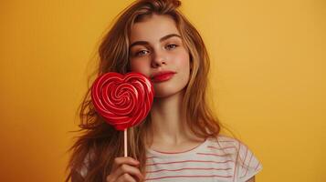 AI generated A beautiful girl stands looking at the camera and holds a large lollipop in the shape of a red heart in her hand photo