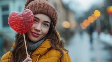 AI generated A beautiful girl stands looking at the camera and holds a large lollipop in the shape of a red heart in her hand photo