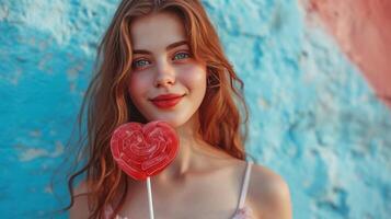 AI generated A beautiful girl stands looking at the camera and holds a large lollipop in the shape of a red heart in her hand photo