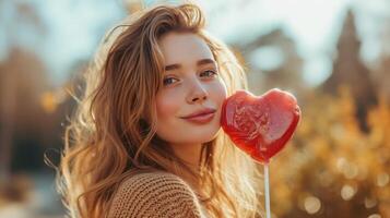 AI generated A beautiful girl stands looking at the camera and holds a large lollipop in the shape of a red heart in her hand photo