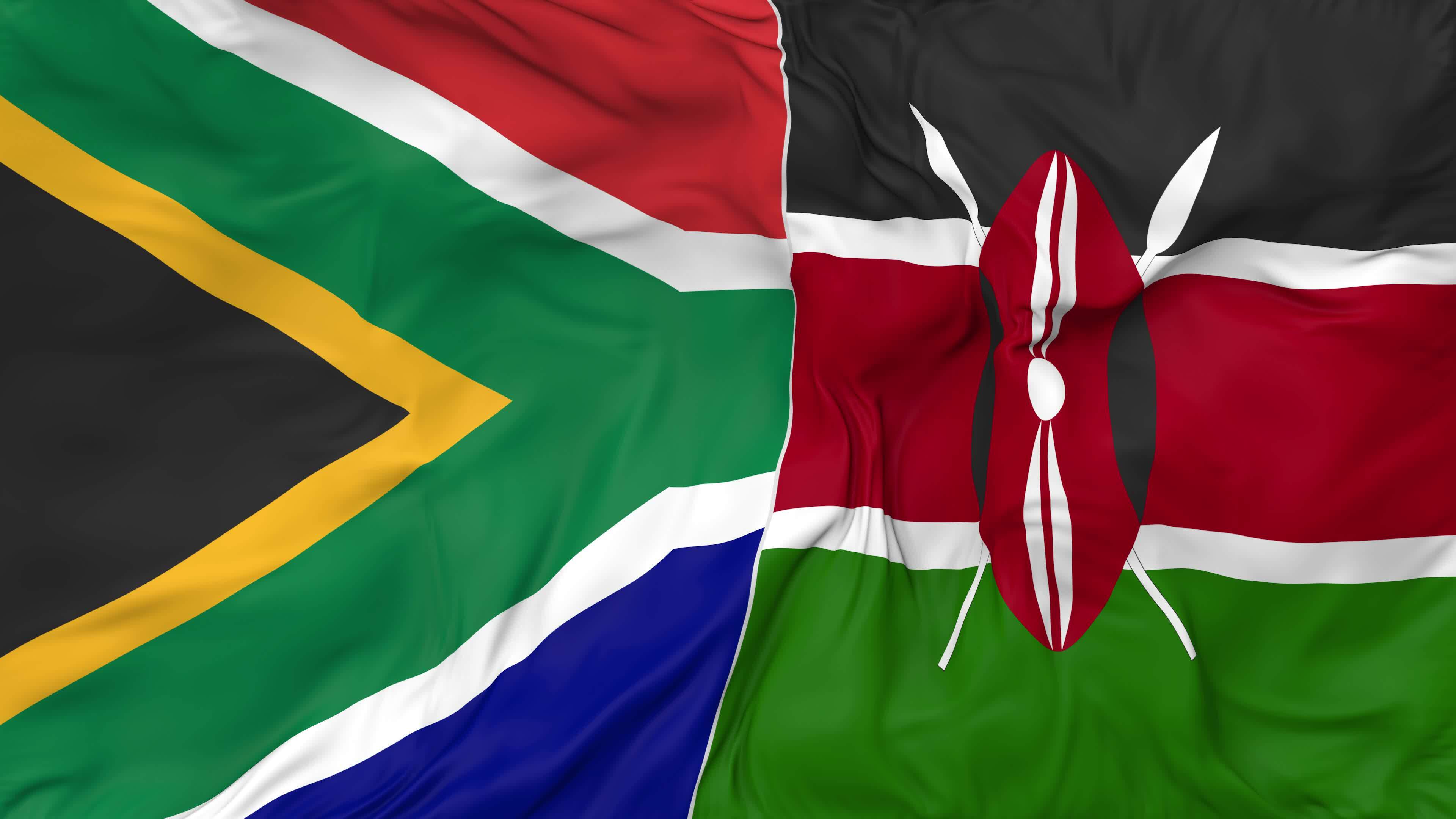 South Africa and Kenya Flags Together Seamless Looping Background, Looped Bump Texture Cloth