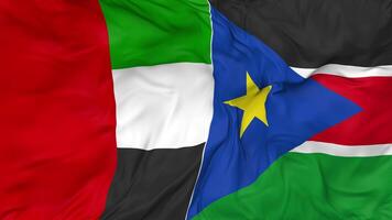 United Arab Emirates and South Sudan Flags Together Seamless Looping Background, Looped Bump Texture Cloth Waving Slow Motion, 3D Rendering video