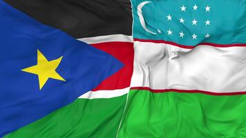 Uzbekistán y sur Sudán banderas juntos sin costura bucle fondo, serpenteado bache textura paño ondulación lento movimiento, 3d representación video