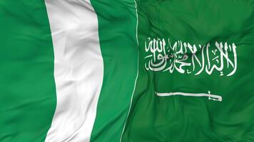 ksa, reino do saudita arábia e Nigéria bandeiras juntos desatado looping fundo, em loop colisão textura pano acenando lento movimento, 3d Renderização video