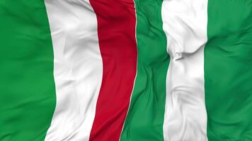 Italy and Nigeria Flags Together Seamless Looping Background, Looped Bump Texture Cloth Waving Slow Motion, 3D Rendering video