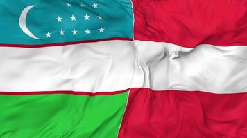 Uzbekistán y Austria banderas juntos sin costura bucle fondo, serpenteado bache textura paño ondulación lento movimiento, 3d representación video