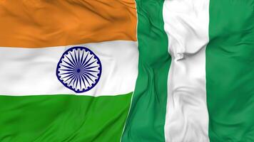 India and Nigeria Flags Together Seamless Looping Background, Looped Bump Texture Cloth Waving Slow Motion, 3D Rendering video