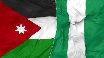 Jordan and Nigeria Flags Together Seamless Looping Background, Looped Bump Texture Cloth Waving Slow Motion, 3D Rendering video