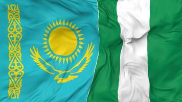 Kazakhstan and Nigeria Flags Together Seamless Looping Background, Looped Bump Texture Cloth Waving Slow Motion, 3D Rendering video