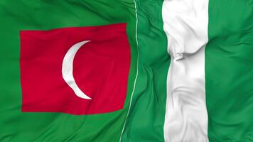 Maldives and Nigeria Flags Together Seamless Looping Background, Looped Bump Texture Cloth Waving Slow Motion, 3D Rendering video