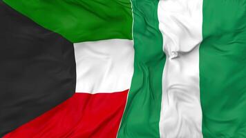 Kuwait y Nigeria banderas juntos sin costura bucle fondo, serpenteado bache textura paño ondulación lento movimiento, 3d representación video