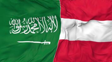 KSA, Kingdom of Saudi Arabia and Austria Flags Together Seamless Looping Background, Looped Bump Texture Cloth Waving Slow Motion, 3D Rendering video