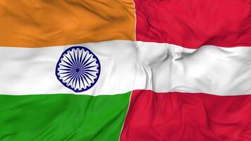 Indien och österrike flaggor tillsammans sömlös looping bakgrund, looped stöta textur trasa vinka långsam rörelse, 3d tolkning video