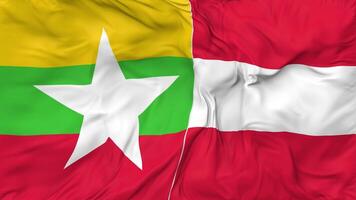 Mianmar, Birmânia e Áustria bandeiras juntos desatado looping fundo, em loop colisão textura pano acenando lento movimento, 3d Renderização video