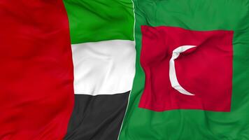 United Arab Emirates and Maldives Flags Together Seamless Looping Background, Looped Bump Texture Cloth Waving Slow Motion, 3D Rendering video