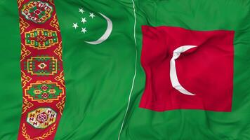 Turkmenistan and Maldives Flags Together Seamless Looping Background, Looped Bump Texture Cloth Waving Slow Motion, 3D Rendering video