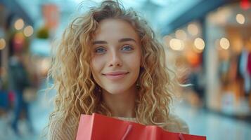 ai generado un hermosa Rizado rubia mira a el cámara y sonrisas con un rojo compras bolso en su manos foto