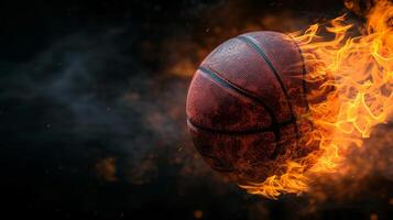 ai generado un baloncesto pelota en fuego en un negro antecedentes en el Derecha foto