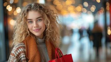 ai generado un hermosa Rizado rubia mira a el cámara y sonrisas con un rojo compras bolso en su manos foto