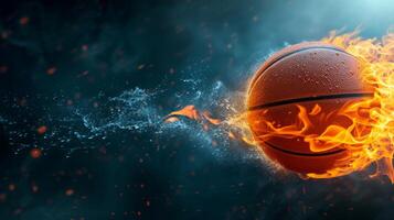 AI generated A basketball ball on fire on a black background on the right photo