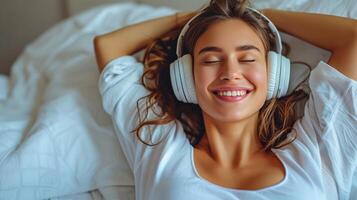 ai generado un contento niña se sienta en cama con blanco auriculares en, envuelto en un acogedor blanco cobija foto