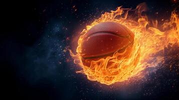 ai generado un baloncesto pelota en fuego en un negro antecedentes en el Derecha foto