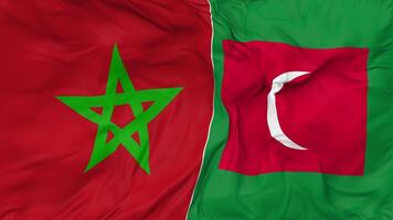 Marruecos y Maldivas banderas juntos sin costura bucle fondo, serpenteado bache textura paño ondulación lento movimiento, 3d representación video