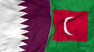 Qatar and Maldives Flags Together Seamless Looping Background, Looped Bump Texture Cloth Waving Slow Motion, 3D Rendering video